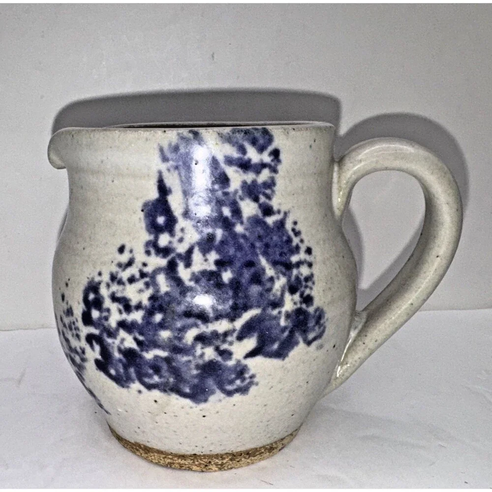 Studio Pottery Handmade Pitcher Signed Blue White Cottagecore Farmhouse Organic